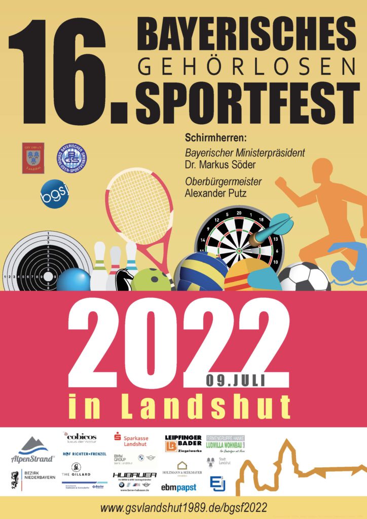 Plakat zum 16. Bayerisches Gehörlosen Sportfest in Landshut am 9. Juli 2022.