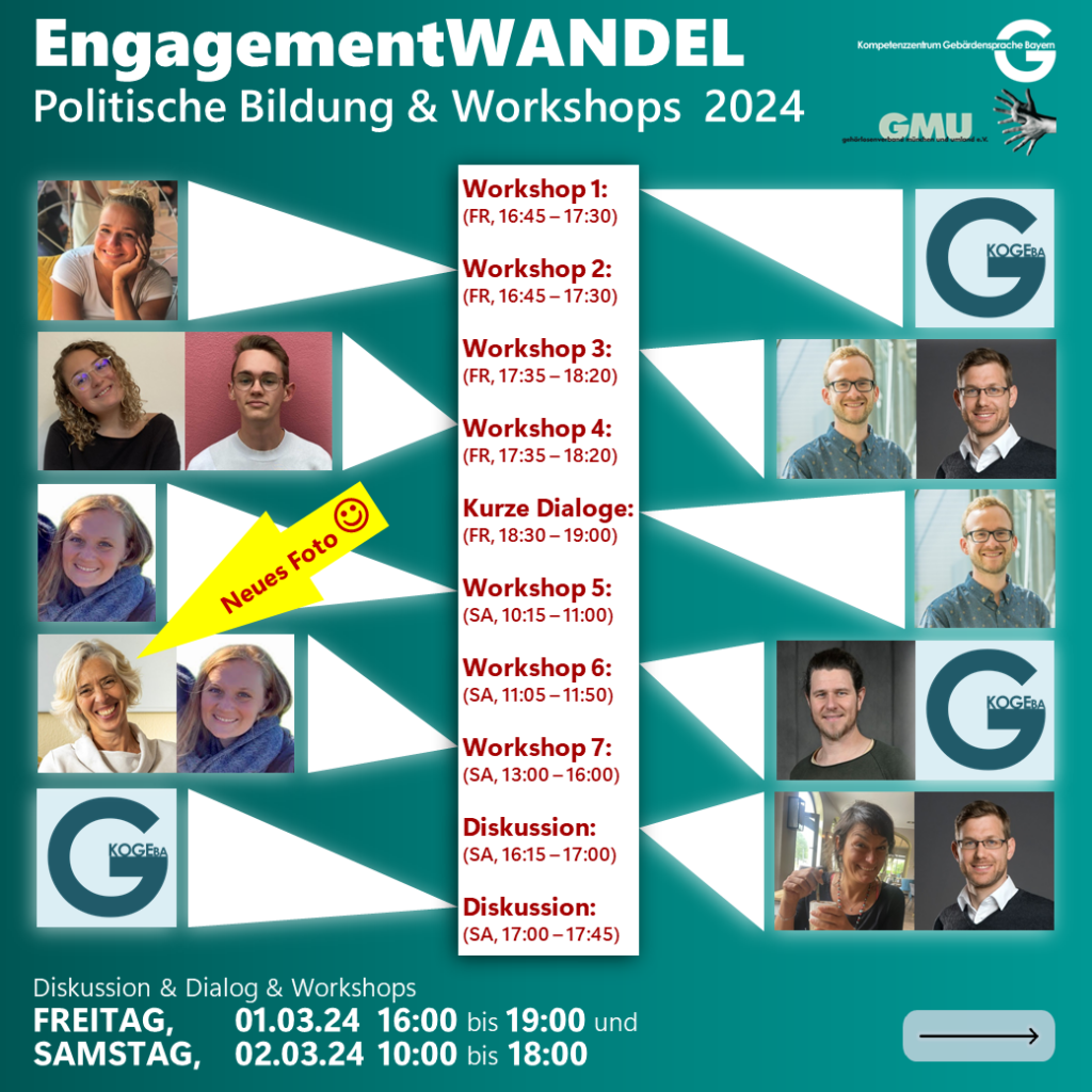 Plakat 1 mit Bildern der Speaker: EngagementWANDEL; politische Bildung und Workshops 2024 mit Programm für Freitag, den 1.3.2024 und Samstag, den 2.3.2024.