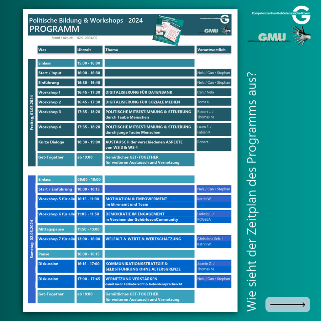 Politische Bildung und Workshops 2024: Programmpunkte von Einlass ab 15 Uhr bis Get-Together ab 19 Uhr am Freitag, den 1.3.2024 und Einlass ab 9 Uhr bis Get-Together ab 18 Uhr am Samstag, den 2.3.2024