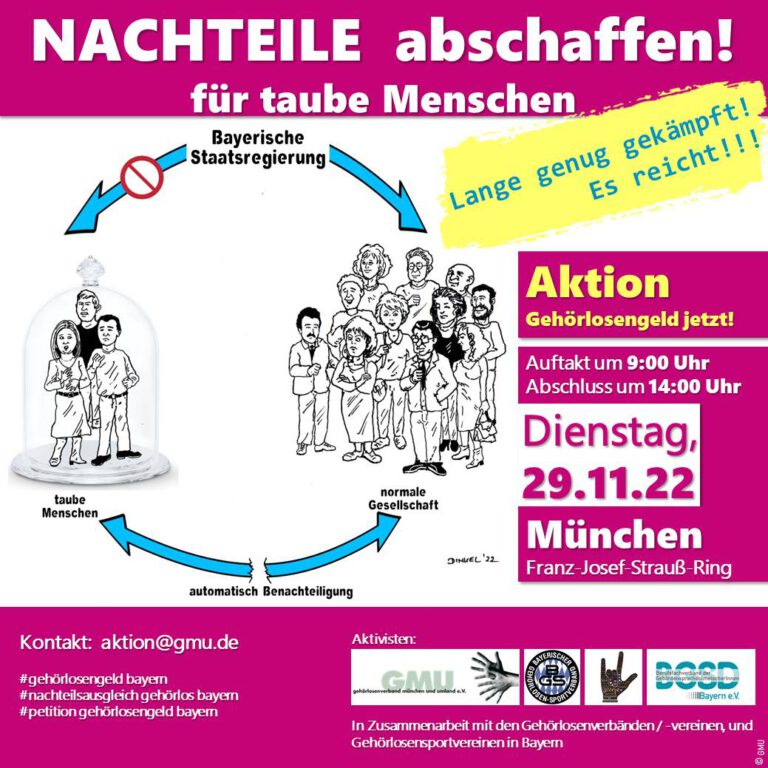 Plakat zur Aktion "Nachteile abschaffen! Gehörlosengeld jetzt" am 29.11.22