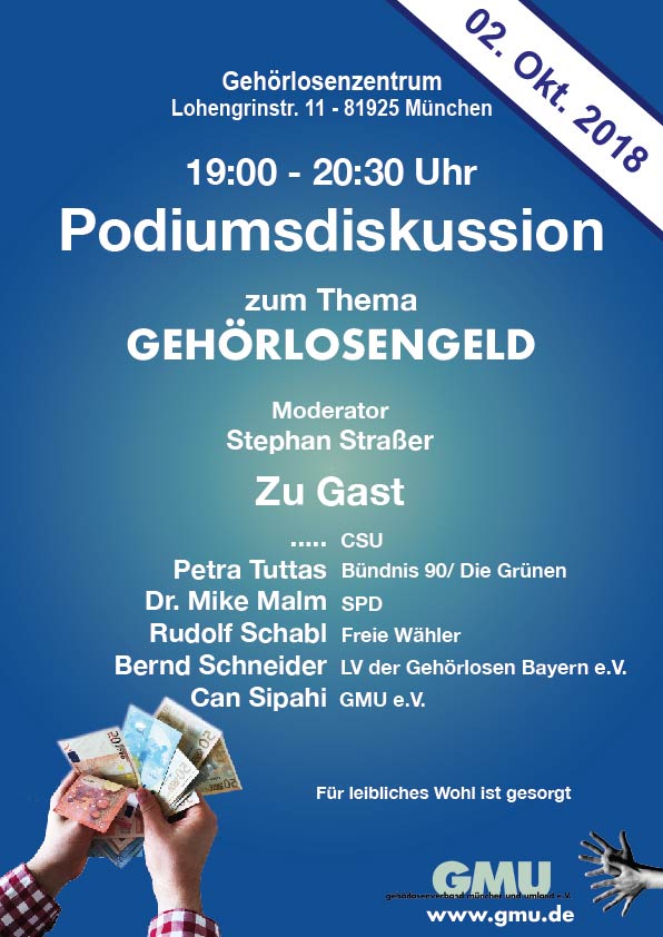 Plakat Podiumsdiskussion zum Thema Gehörlosengeld am 02. Oktober 2018