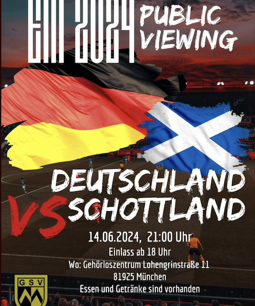 Plakat mit schwarzem Hintergrund und zwei Flaggen Deutschland und Schottland und Titel Public Viewing