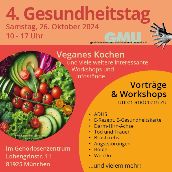 Plakat ist in Orangetönen. Titel ist: "4. Gesundheitstag, Samstag, den 26. Oktober 2024, von 10 bis 17 Uhr "
Das Bild zeigt außerdem eine farbenfrohe Schale mit verschiedenen frischen Gemüsesorten, die das Thema gesunde Ernährung unterstreichen.
Informationen siehe unten im Beitrag.