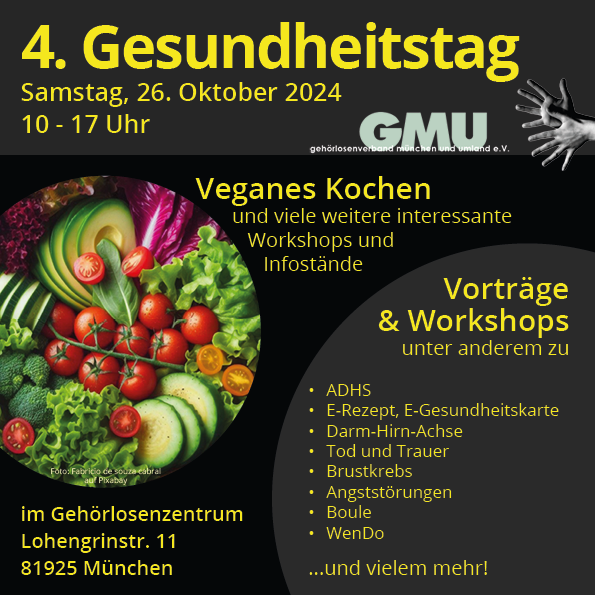 Plakat ist in Schwarz mit Schrift in gelb. Titel ist: "4. Gesundheitstag, Samstag, den 26. Oktober 2024, von 10 bis 17 Uhr "
Das Bild zeigt außerdem eine farbenfrohe Schale mit verschiedenen frischen Gemüsesorten, die das Thema gesunde Ernährung unterstreichen.
Informationen siehe unten im Beitrag.