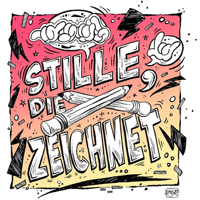 Das Bild zeigt eine Illustration mit dem Text "Stille, die zeichnet". Es hat einen auffälligen, künstlerischen Stil mit lebhaften Farben und dynamischen Linien. In der Mitte sind zwei überkreuzte Zeichenstifte zu sehen. Die Farben verlaufen von Orange zu Rosa, und es gibt viele kleine grafische Elemente, die die Komposition lebendig wirken lassen. 